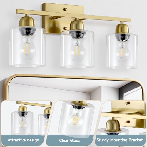 Image of Modern Brushed Gold 3 Light Bathroom Light Fixtures, 19 inch Vanity Lights for Bathroom with Clear Glass, Bathroom Lighting Fixtures Over Mirror for Mirror Kitchen Living Room