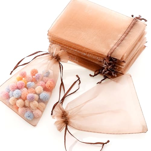 Image of Hopttreely 100pcs Organza Bags, Light Brown 4''x4.72''(10x12cm) Satin Drawstring Organza Pouch Wedding Party Favor Gift Bag Jewelry Watch Bags