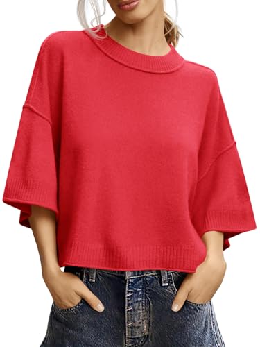 Image of Saodimallsu Womens Short Sleeve Sweater Oversized Cropped Sweaters Knit Top
