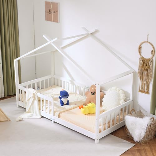 LALAHO Kinderbett Bodenbett 90x200 cm (Weiß), Kinder Bett Mit Stoffhimmel, Kinderbetten inkl. Rausfallschutz & Lattenrost, Bodenbett Kinder bis 200 kg LALAHO Kinderbett Bodenbett 90x200 cm (Weiß), Kinder Bett Mit Stoffhimmel, Kinderbetten inkl. Rausfallschutz & Lattenrost, Bodenbett Kinder bis 200 kg