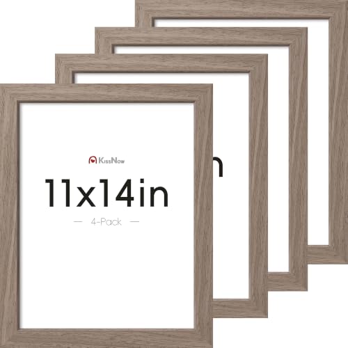 KissNow 11x14 Picture Frame 4 Pack, Walnut Solid Wood, Gallery Wall Hanging