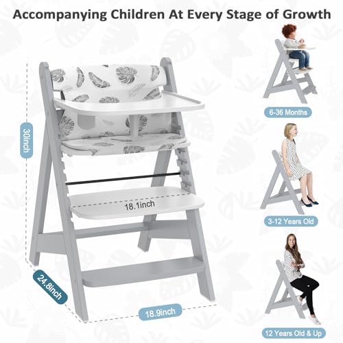 Image of Wooden High Chair with Tray, Adjustable High Chair for Babies Toddlers Adults, Convertible Baby Highchair, 5 Point Safety Harness & Soft Cushion, Removable Tray & Adjustable Footrest, Grey