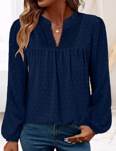 BETTE BOUTIK Women Boho Long Sleeve Shirts Dressy Casual V Neck Fall Fashion Tops Swiss Dot Flowy Blouses
