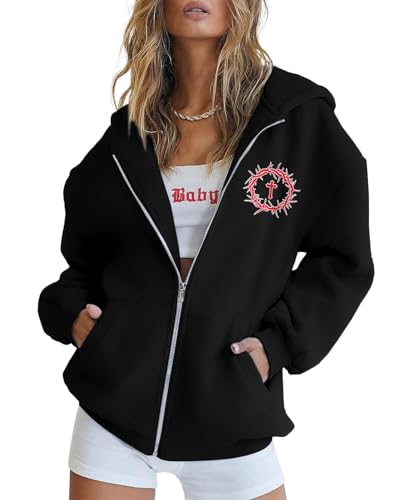 MNLYBABY Jesus Christian Zip Up Hoodie: Women Religious Sweatshirt Faith Shirt Bible Verse Fleece Jacket Tops Black