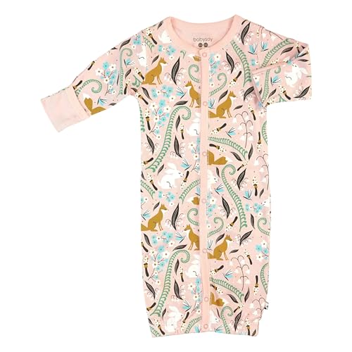 Image of Babysoy Baby Long Sleeve Gown Sleep Sack | Made with Organic Cotton & Azlon from Soy | Ultra Soft Nightgown for Easy Diaper Changes | Modern Prints, Reversible Mittens (12-18 Months,Fox /Peony)