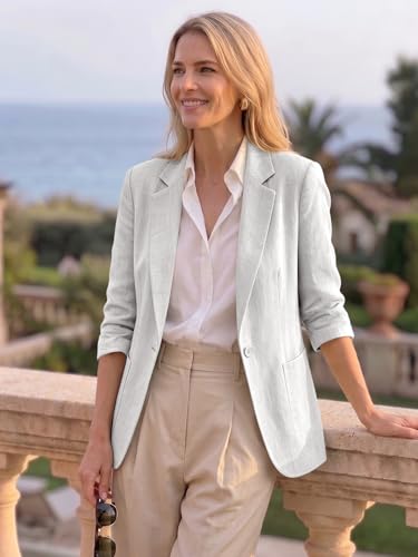 Image of Mina Self 2026 Summer Women's Linen Blazer Jacket - Lightweight Breathable 3 /4 Stretchy Ruched Sleeve Casual Work with Pocket