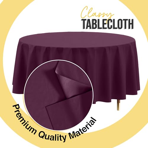 Image of Exquisite 66% Thicker Premium Plum Round Tablecloth 0.5 Mil 6 Pack Plastic Table Cloth Disposable 84 Inch Round Plastic Tablecloth Won't Tear Easily Like Cheap Thin Brands