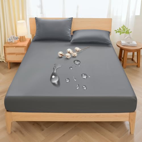 防水シーツ クイーン ボックスシーツ 綿100% 五面防水 吸水速乾 通気性 素肌にやさしい 抗菌防臭防ダニ 洗える 全周ゴム付き 着脱簡単 おねしょ 介護シーツ 失禁対策 介護用 ベビー用 オールシーズン ベッドシーツ マットレスカバー (ダークグレー, クイーン 160*200cm)