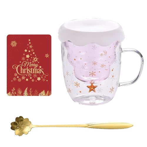 JOAASU Tazze da caffè con albero di Natale, 300 ML Tazza da Caffè Natalizia, Tazza Vetro Doppia Parete, Tazza di Vetro Albero di Natale, con Manico e Cucchiai, Tazze Natalizie, Regali di Natale (Rosa)