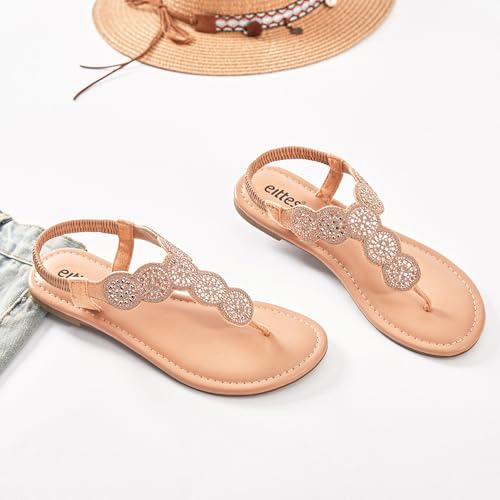 Veittes Women's Bohemian Bling Flat Slide Sandals - Casual Summer Thong Sandals with Rhinestone Decor, Rubber Sole, Lightweight & Comfortable Ankle StrapThong Summer Sandals.4
