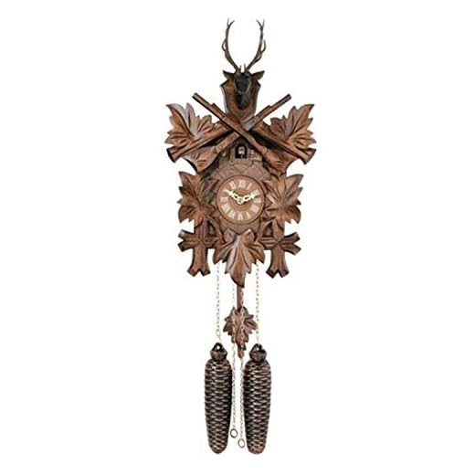 15" Eight Day Hunter's Mechanical Cuckoo Hand-Carved Maple Leaves, Rifles, and Buck Wall Clock, Brown