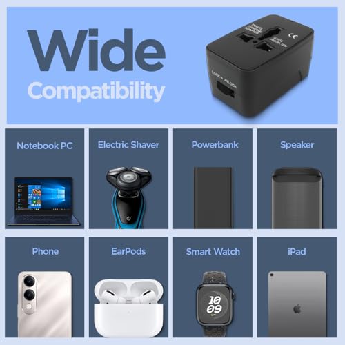 Image of UNIGEN Universal Travel Adapter with Multiple Plug Pins | Worldwide Charger Adaptor Plug for US, UK, EU, AUS with Surge Protection | All-in-One International Power Converter - Black