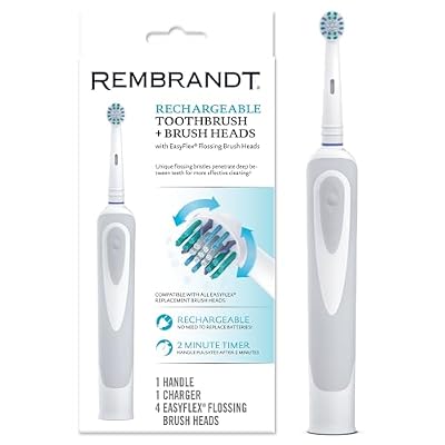 Rembrandt Rechargeable Toothbrush + Brush Heads, 1 Handle, 1 Charger, 4 EasyFlex Flossing Brush Heads