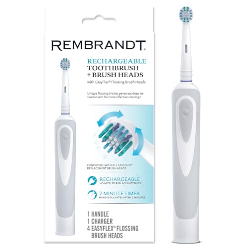Rembrandt Rechargeable Toothbrush + Brush Heads, 1 Handle, 1 Charger, 4 EasyFlex Flossing Brush Heads