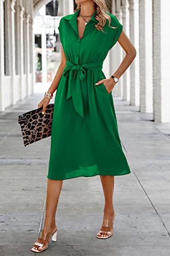 Image of ECOWISH Womens Casual Midi Dresses Solid V Neck Short Sleeve Button Shirt Belted Dress with Pockets for Spring Summer 2026