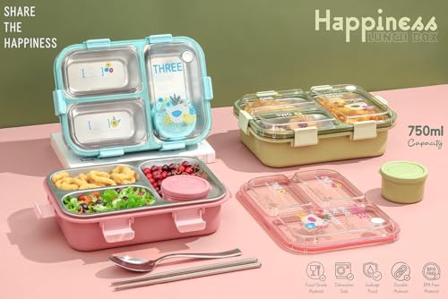 Image of PRIME DEALS Lunch Box 3 Compartment Leak-Proof BPA Free Stainless Steel, Lunch Box for Kids, Lunch Box for School & Office with a Fork, a Spoon and a Pair of Chopsticks (Pink, 3 Compartment)