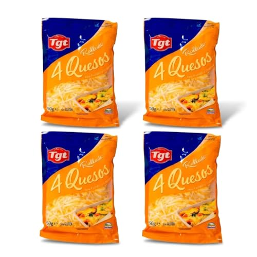 Rallado 4 Quesos para Fundir y Gratinar - Pack de 4 x 150g - Mezcla de Mozzarella, Gouda, Cheddar y Emmental - Sin Gluten - TGT - Especial para Pizza y Pasta - NEXU