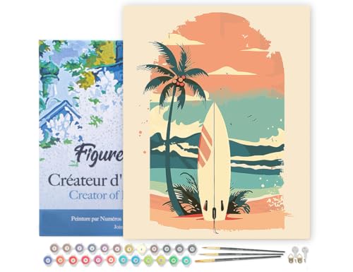 Figured'Art Pintar por Numeros Adultos con marco Tabla de surf en la playa - Manualidades pintura acrilica Kit Cuadro DIY completo - 40x50cm con bastidor montado