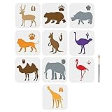 MAYJOYDIY 10pcs Wildlife Animal Stencils 6×6inch Forest Animal Footprint Painting Stencil with Paint Brush Nature Deer Bear Lion Kangaroo Elephant Flamingo Drawing Template for Art Craft Home Decor