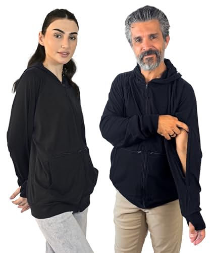 Inspired Comforts Unisex Dialysis & IV Access Hoodie – Dual Arm Zippers, Thumbhole Sleeves & Pockets - Black, M