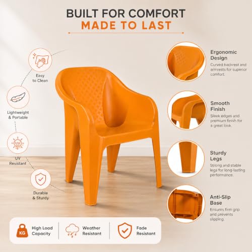 Image of Plastic Arm Chair for Home, Garden, Office, Living Room, Cafeteria Plastic Outdoor Chair | 1 Year Warranty | Color - Orange | Set of 6