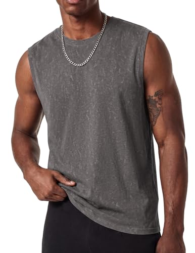 COOFANDY Men Cotton Sleeveless T Shirt Oversized Workout Tank Top Dark Gray Retro Washed T Shirts Wide Shoulder