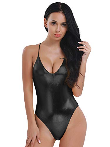 FEESHOW Women s Metallic Camisole Dance Leotard Bodysuit One Piece Deep V Swimsuit Black Medium