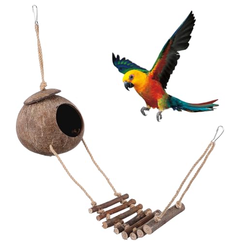 BESTonZON Decorative Reptile Hide Cave with Ladder Natural Coconut Shell Shelter for Reptiles for Bearded Dragons Snakes and More Realistic Design for Reptile Enclosure