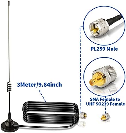 Bingfu Ham Radio Vehicle Car Mobile Radio Antenna Dual Band VHF UHF 136-174MHz 400-460MHz Magnetic Base PL259 Male Antenna for BTECH ICOM Kenwood Midland Yaesu TYT AnyTone Amateur Radio Two Way Radio