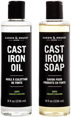 Caron Doucet - Cast Iron Care Bundle - Cast Iron Oil & Cast Iron Soap - 100% Plant Based Formulation - Helps Maintain Seasoning on All Cast Iron Cookware. (8oz Bullet)