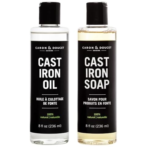 CARON & DOUCET - 100% Plant-Based Cast Iron Cleaning Set: Seasoning Oil & Soap for Washing, Restoring & Seasoning Skillets, Pans & Grills! Cover