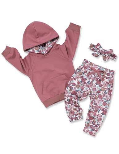 Image of oklady Baby Girl Clothes,Hoodie Tops Floral Pant with Cute Headband Baby Girl Fall Outfits