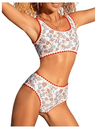 Women's 2 Piece Floral Print Bikini Set Y2K Tankini Set Boho High Waist Swimsuit Full Coverage Bathing Suit Beachwear