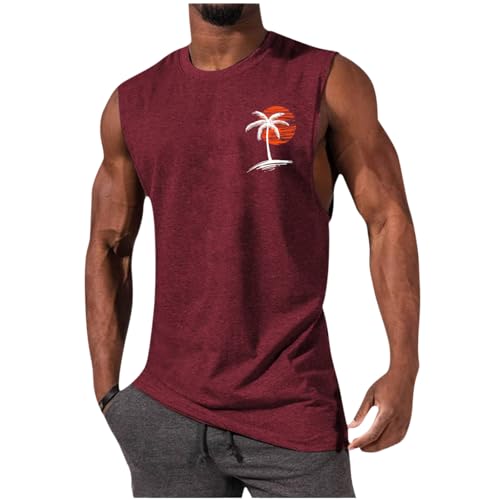 Image of Mens Summer Beach Tank Top Hawaiian Palm Tree Print Sleeveless Muscle Basic Tee Vacation Tops