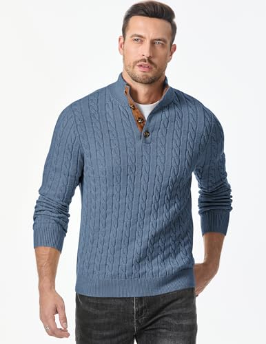 Image of JMIERR Men's Cable Knit Pullover Sweater Casual Long Sleeve Stand Collar Button Knitted Sweaters