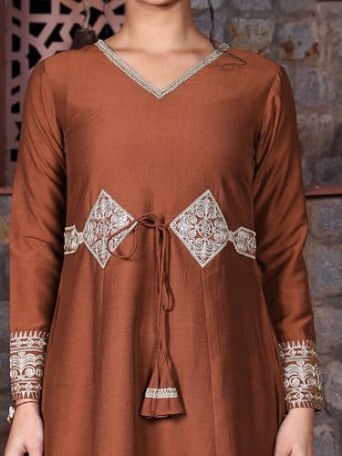 Image of EthnicJunction Women's Cotton Silk Embroidered Anarkali Kurta Palazzo with Digital Print Dupatta Set