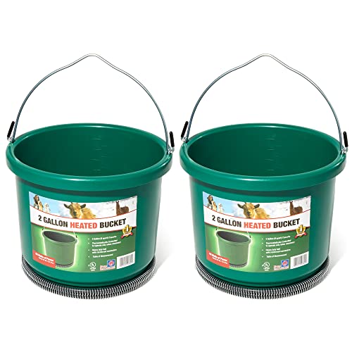 Farm Innovators HB-60 9 Quart 2 Gallon Plastic Heated Bucket w/Metal Handle Built in Thermostat & Anti Chew Cord Protector 60 Watt Green (2 Pack)