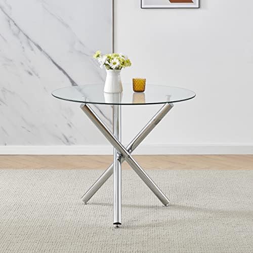 Round Dining Table Glass Kitchen Table for Small Spaces, 35.4" Dining Room Table with Chrome Finish Legs for 2-4 People, Modern Home Kitchen Furniture Dinette Table