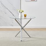 Round Dining Table Glass Kitchen Table for Small Spaces, 35.4" Dining Room Table with Chrome Finish