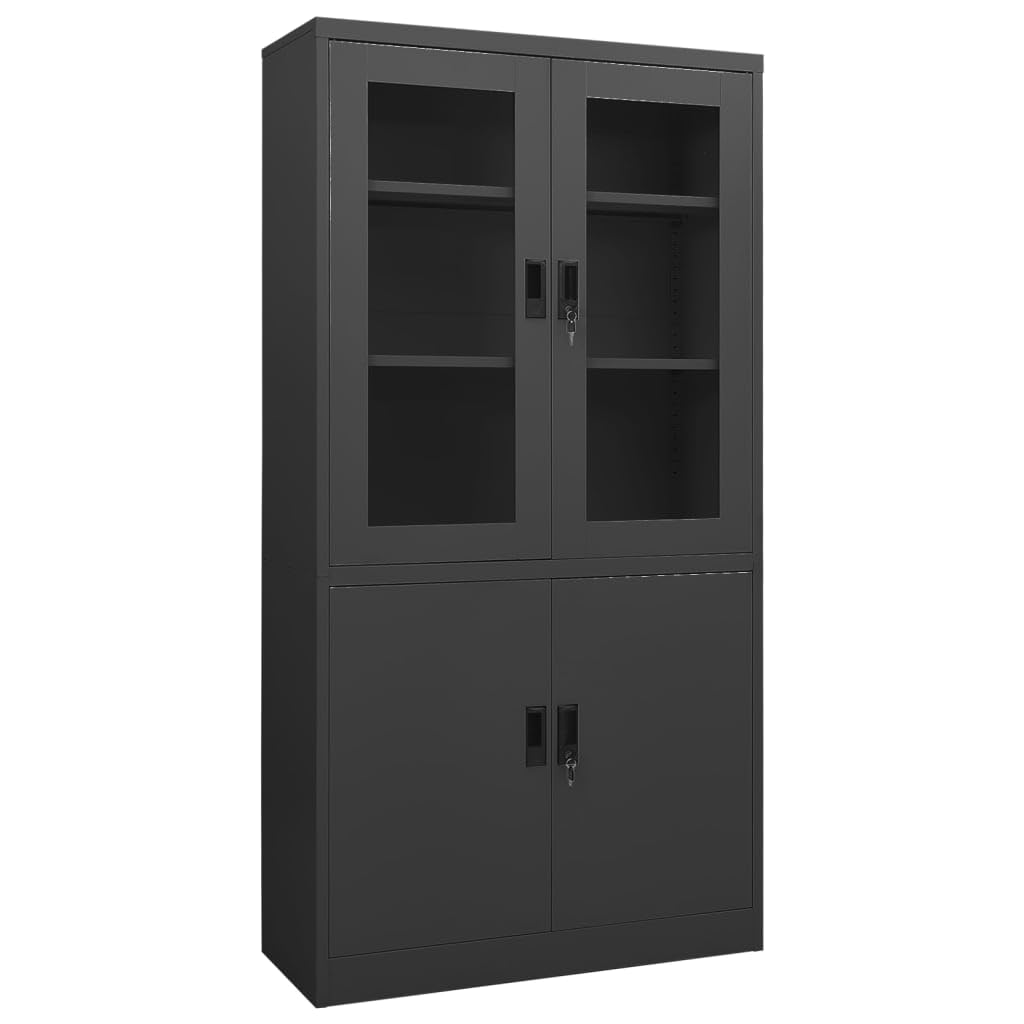 Hothingwell Antracytowa szafka biurkowa 90x40x180 cm ze stali, segregator z 3 regulowanymi półkami i 2 zamkami, drzwi ze szkła hartowanego do bezpiecznego przechowywania.