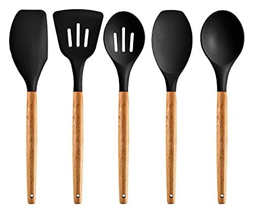 Image of Non-Stick Silicone Cooking Utensils Set with Natural Acacia Hard Wood Handle, High Heat Resistant Black Pack of 5