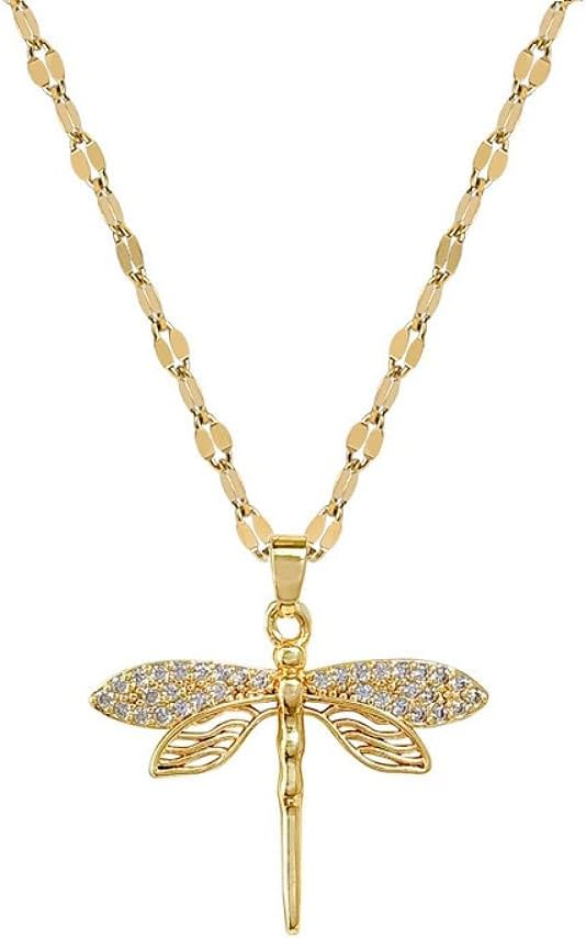 Dtja Crystal Dragonfly Pendant Necklace for Women Gold Plated Fashion Crystal Filigree Insect Animal Link Chain Adjustable Anniversary Birthday Holiday Jewelry 18 inch