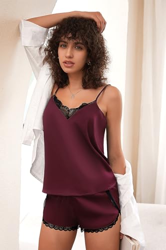 Image of Ekouaer Satin Pajama Set for Women 2 Piece Silky Lingerie Sleepwear Lace Camisole Pj Shorts Set Soft Nightwear S-XXL
