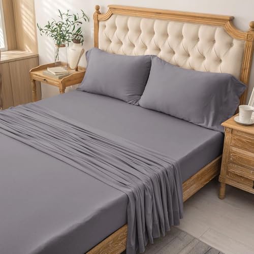 PURE ERA Jersey Knit 4pc Bed Sheet Set 100% T-Shirt Cotton Super Soft Comfy Breathable Fits Mattress Up to 20" Extra Deep Pocket (Solid Grey Purple, Queen)