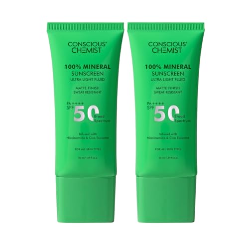 Image of Conscious Chemist 100% Mineral Sunscreen Ultra Light Fluid 50ml | SPF 50 PA++++ | In-Vivo Tested | Zinc Oxide & Niacinamide | Cica Exosome | Matte Finish, Sweat Resistant | No White Cast | For Oily, Acne-Prone & Sensitive Skin | UVA /UVB Protection | Men & Women, All Skin Type - Pack of 2
