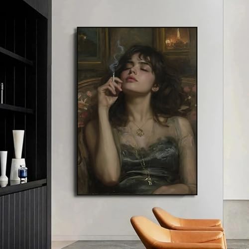 Tableau femme fumant sur canapé pour personnaliser un mur de salon nu