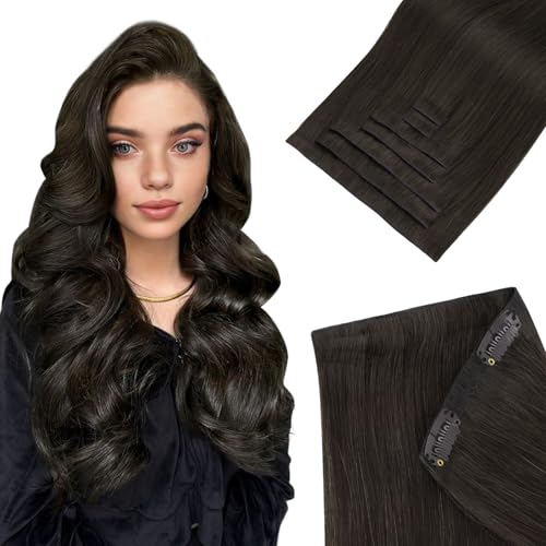 HOTBANANA Invisi Edge Clip in Hair Extensions, 24inch 120g 7Pcs Injected Seamless Clip in Extensions Real Human Hair Dark Brown PU Hair Extensions Straight Hair
