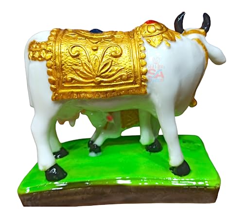 S A GIFTS Sai Amrut Handicraft Decorative Marble Cow and Calf Big Statue/Idol for Gift Home Decor (Gold 5 Inch)
