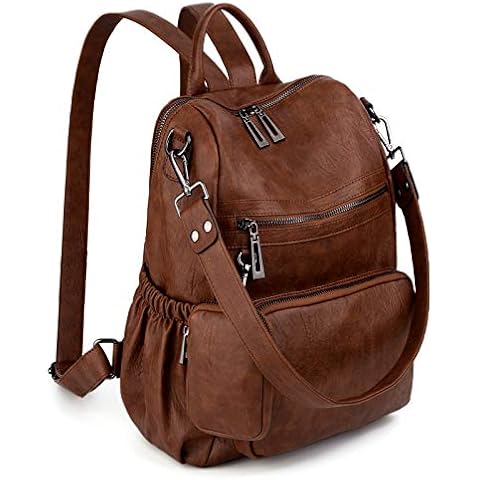 UTO Travel Backpack Women Mother Mum Laptop Rucksack School Bag for Teenage Girls Multi Zipper Pocket with Detachable Pouch PU Leather Tan Cover