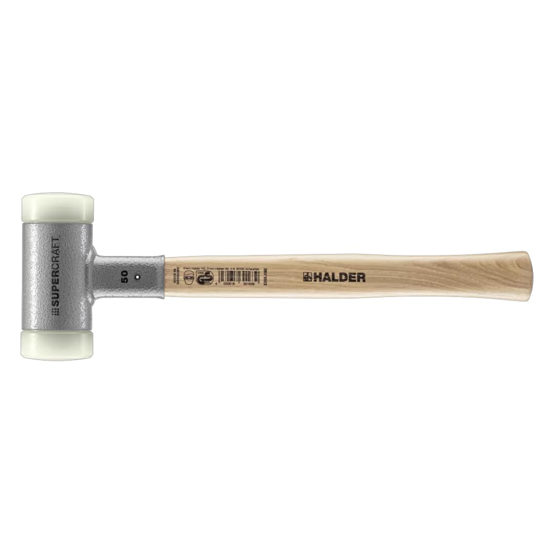 Halder SuperCraft Dead Blow Mallet 3366.050 - Non-Rebounding Mallet, Hard Nylon Inserts, Hickory Wood Handle with Overstrike Protector, 50mm, 2.2 lbs.
